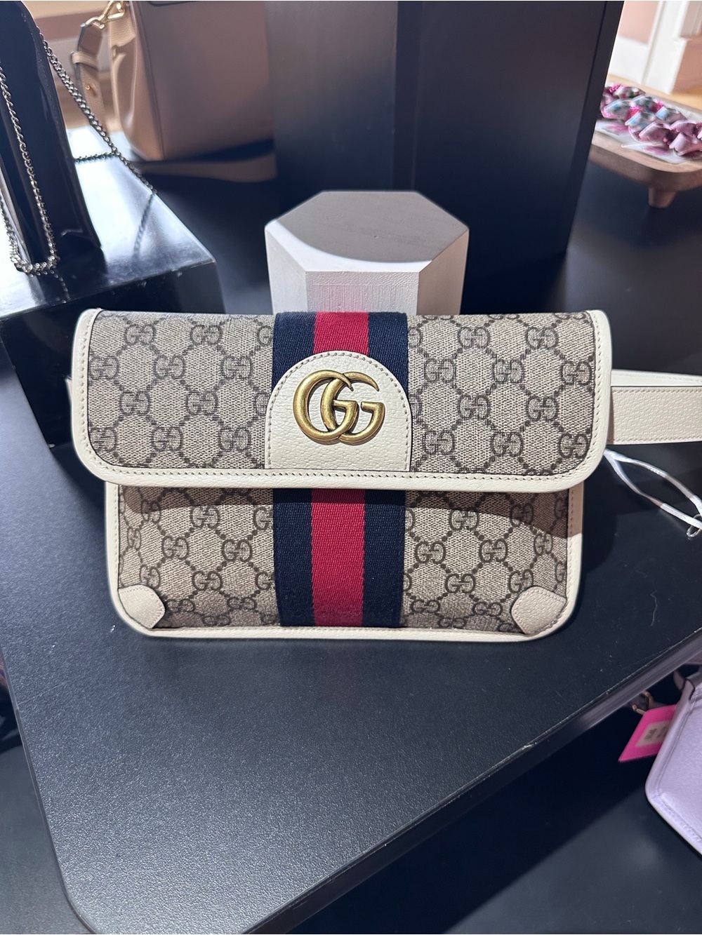 Gucci Beige GG Supreme Canvas Crossbody with Red & Navy Web Stripe